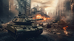 城市中军用坦克的 3D 插图描绘了战争的恐怖