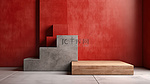 几何混凝土背景上带有红色 3D 渲染的简单木制产品展示台