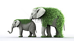 孤立的白色背景，具有两只大象的 3d 渲染，框架中有一棵小绿色植物
