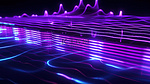 电紫色电路线和板与霓虹灯网络波和耀斑 3D 渲染在黑暗的海水上