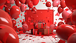 用红布横幅气球和五彩纸屑进行 3D 渲染的新抵达庆祝活动