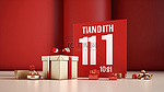 1111 单日销售横幅带红色礼盒的讲台场景 3D 插图