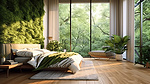 现代卧室配有宽敞的窗户和日出照明 3D 插图中宁静的室外景观