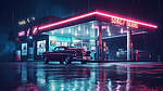 发光的加油站和经典汽车未来赛博朋克风格与鲜艳的色彩雨雾和沥青 3D 渲染上的夜间反射