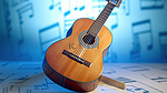 蓝色背景上围绕传统原声吉他的音符 3D 插图