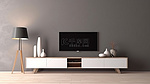 时尚简约的电视柜位于简约的灰色墙壁房间内，配有木地板 3D 渲染