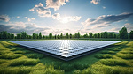 可持续能源在行动 3D 渲染太阳能电池和电池板在郁郁葱葱的绿色田野中