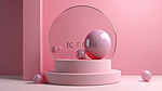情人节讲台上的 3D 展示，以粉红色的球和心形为背景，背景为快乐