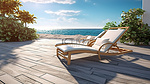 在海边放松身心，室外露台的 3D 渲染配有休闲椅，适合夏季生活