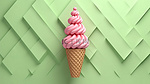 3D 上抽象的粉色线圈冰淇淋蛋筒呈现最小的绿色背景