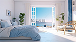 圣托里尼岛风格的海景海滨卧室 3D 渲染
