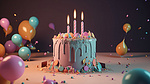 柔和主题的生日派对横幅 3d 渲染蛋糕与点燃的蜡烛和五彩纸屑弹出派对波普尔