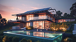 令人惊叹的现代别墅，带太阳能电池板花园和游泳池，在黄昏时以令人眼花缭乱的 3D 渲染