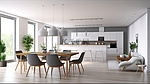 斯堪的纳维亚风格的起居厨房和餐厅，采用时尚简约的设计 3D 插图