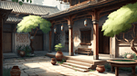 中国风庭院树木卡通背景