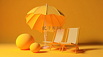 黄色背景，带有 3D 渲染的沙滩躺椅和雨伞，沙滩上还有有趣的球