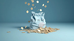 现代储蓄袋的 3d 渲染，在柔和的蓝色插图背景上装有硬币和钞票