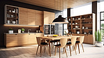 时尚厨房餐厅室内设计与平木家具立面的时尚别致 3D 渲染
