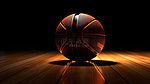 木地板上黑色背景上橙色篮球的 3D 渲染