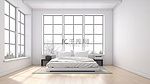 大窗户照亮了带木地板和白色墙壁的简约卧室，采用 3D 渲染