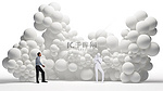 创意头脑风暴 3D 人物与空白画布上的思想泡泡