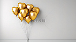 一堆金色心形气球，以 3D 插图呈现的白墙背景为背景
