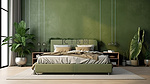 现代卧室设计，配有 3D 可视化的时尚绿色床