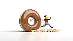 在健身概念场景 3D 渲染中，跑步者对白色背景上的甜甜圈的终极诱惑