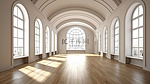 阳光明媚的大厅配有拱形窗户和温暖的镶木地板，令人惊叹的 3D 插图