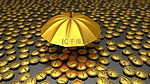 硬币免受恶劣天气的影响 伞下货币保护的 3D 插图