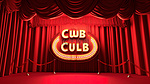 红色剧院窗帘上的照明俱乐部文字 3D 概念