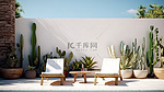 墨西哥风格的现代露台 3D 渲染，配有游泳池优雅的草坪家具仙人掌和白色瓷砖地板，在令人惊叹的自然背景下
