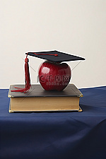 戴着蓝色帽子的毕业证书和坐在苹果旁边的文凭