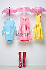 各种颜色的雨伞雨衣和靴子