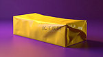 呈现充满活力的紫色背景上的 3D 空黄色包装