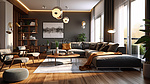 时尚别致的现代公寓客厅室内设计，令人惊叹的 3D 渲染