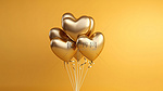 一群金色心形气球靠在充满活力的黄色墙壁上 3D 渲染插图