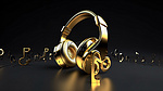 金色 3d 音符耳机渲染音乐概念