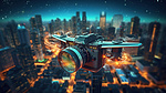 夜间城市飞行 3D 插图相机旅程传达通信概念
