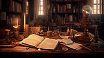 中世纪背景中的古董文学数字艺术，桌上有陈旧的纸张和书籍