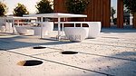时尚咖啡馆或餐厅的时尚户外桌子现代建筑的 3D 渲染