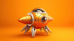 橙色卡通宇宙飞船火箭在橙色背景上翱翔的 3D 插图，具有充足的复制空间