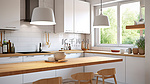 斯堪的纳维亚风格的白色厨房，配有硬木酒吧顶部吊灯和引擎盖，经过专业设计和 3D 渲染