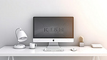 现代办公桌，带空白屏幕桌面电脑模型，白色壁纸背景 3D 渲染