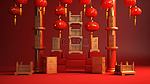 灯笼点亮中国新年讲台，3D 渲染和金元宝雨