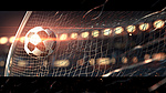 足球进球的动态 3D 渲染，体育场灯光背景庆祝胜利