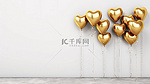 白墙背景上的一组金色心形气球 3D 渲染插图
