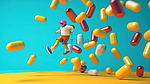 一个孩子高兴地在带有复制空间的医疗药丸旁边跳跃的卡通插图