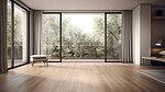 现代豪华房间的精致 3D 渲染，配有木地板和阳台，背景是青翠的树木，设有大窗户和门