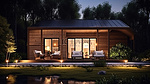 夜间花园静修处的木屋外部与室外休息区的 3D 插图